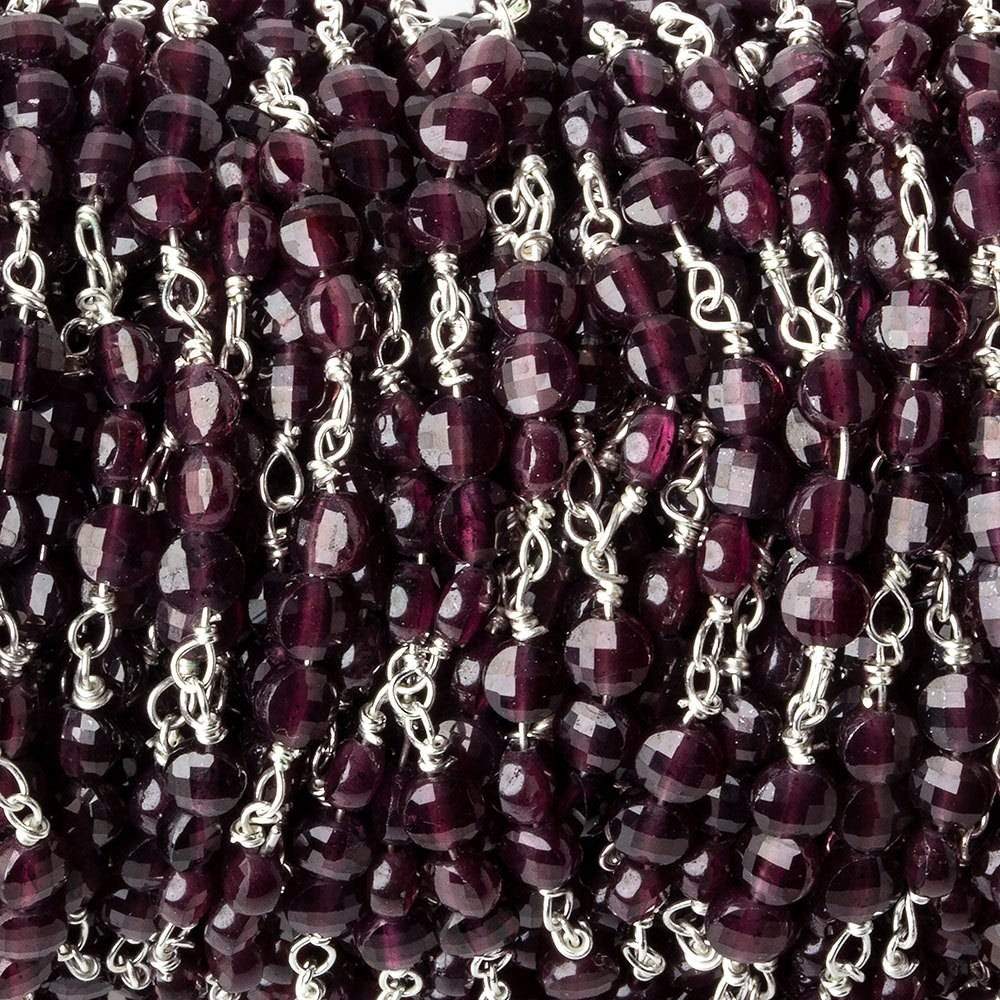 4mm Garnet faceted coin Trio Silver Chain by the foot 54 beads per length (ONLINE ORDER ONLY)