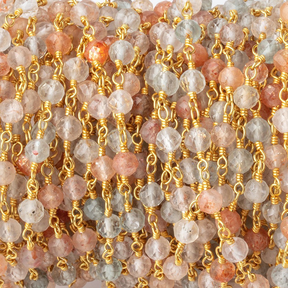 4mm Madagascar Sunstone Micro Faceted Rounds on Gold Plated Chain (ONLINE ORDER ONLY)