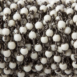4mm Off White Bone rounds Oxidized Silver Cap and Chain by the foot 24pcs