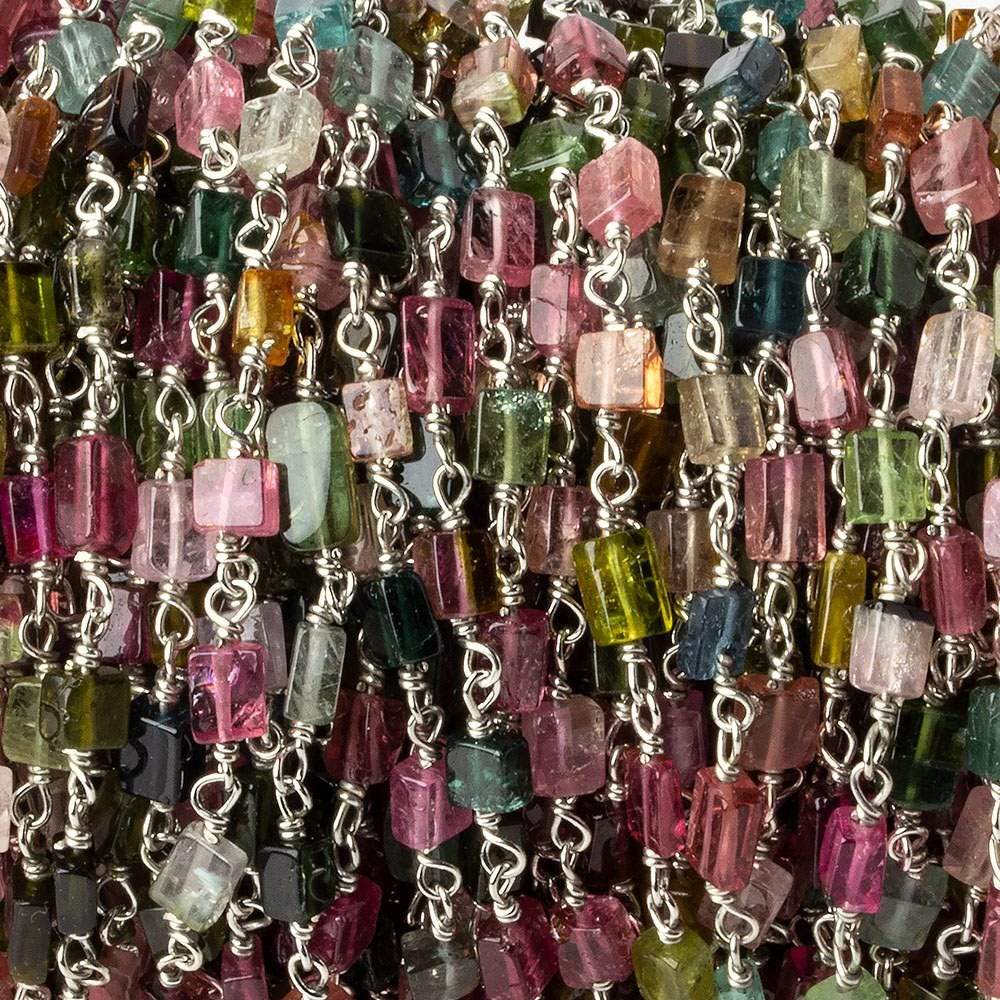 4x3-6x3mm Multi Color Tourmaline plain rectangle Silver .925 Chain by the foot 33 beads per (ONLINE ORDER ONLY)