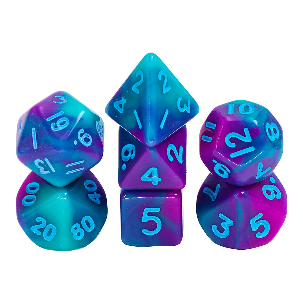 Teal Purple Blend 7-Dice Mini-Dice RPG Set w/Blue Numbers Miniature Dice (Online Only)