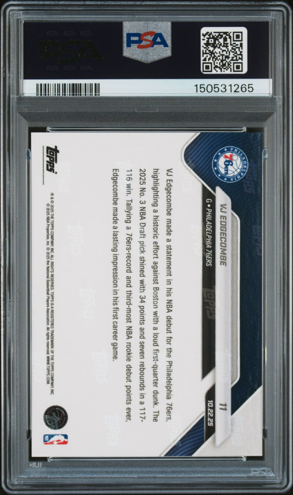 Graded 2025 Topps Now VJ Edgecombe #11 Rookie RC Basketball Card PSA 10 Gem Mint