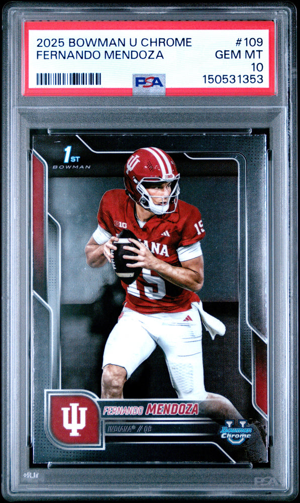 Graded 2025 Topps Bowman University Chrome Fernando Mendoza #109 Rookie RC Football Card PSA 10 Gem Mint
