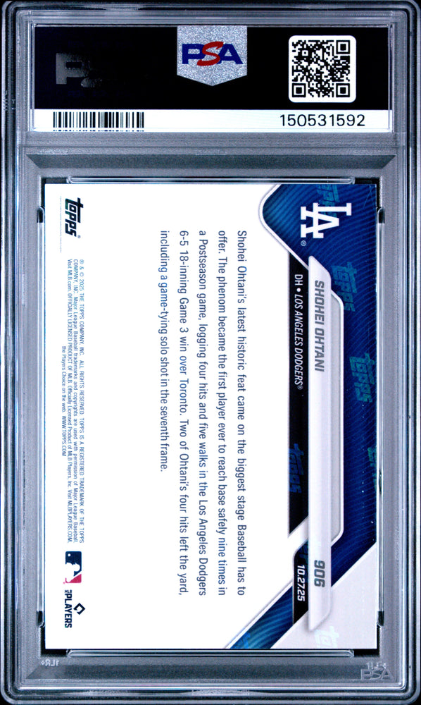 Graded 2025 Topps Now Shohei Ohtani #906 1st Ever to Reach Base 9 Times in Postseason Game Baseball Card PSA 10 Gem Mint