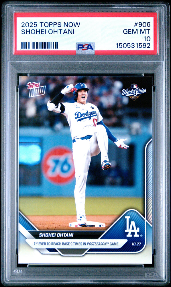 Graded 2025 Topps Now Shohei Ohtani #906 1st Ever to Reach Base 9 Times in Postseason Game Baseball Card PSA 10 Gem Mint