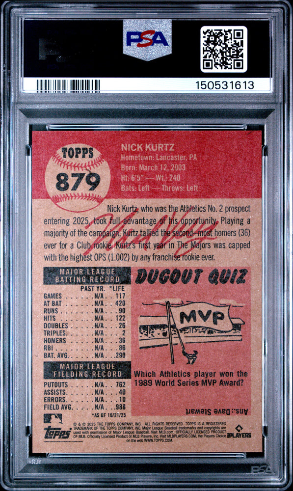 Graded 2025 Topps Living Nick Kurtz #879 Rookie RC Baseball Card PSA 10 Gem Mint