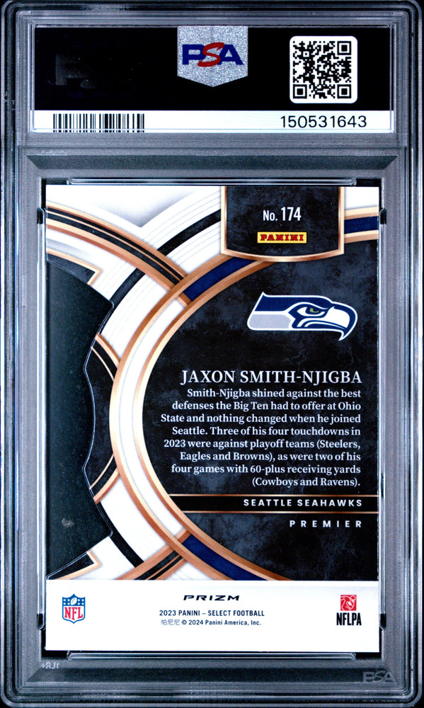 Graded 2023 Panini Select Jaxon Smith-Njigba #174 Red and Yellow Prizm Die Cut Rookie RC Football Card PSA 10 Gem Mint