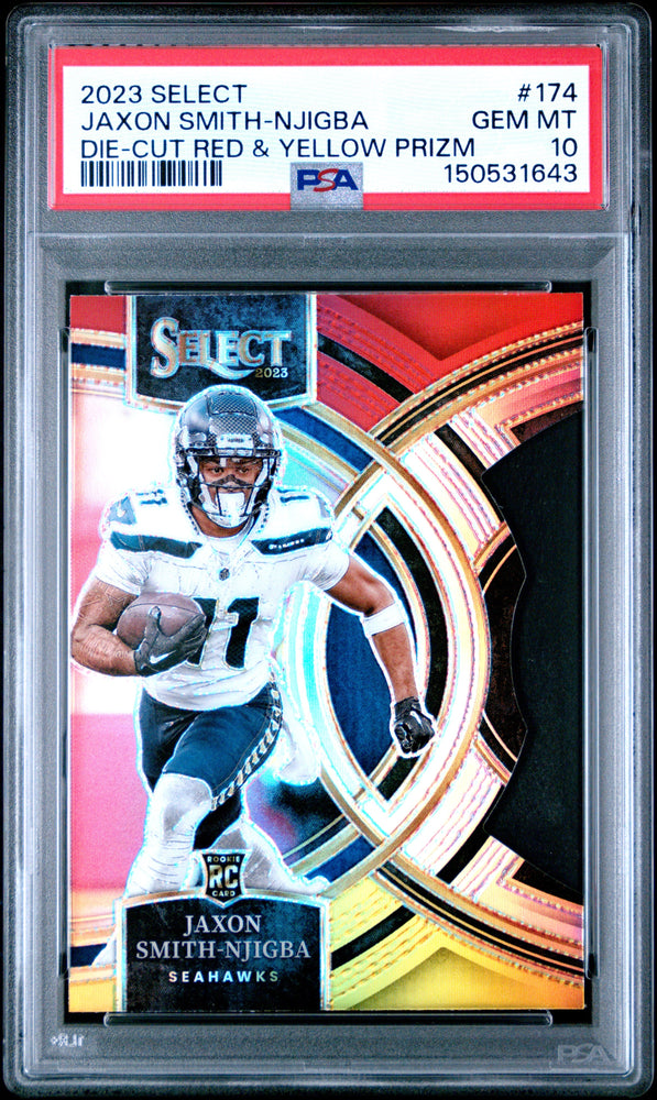 Graded 2023 Panini Select Jaxon Smith-Njigba #174 Red and Yellow Prizm Die Cut Rookie RC Football Card PSA 10 Gem Mint