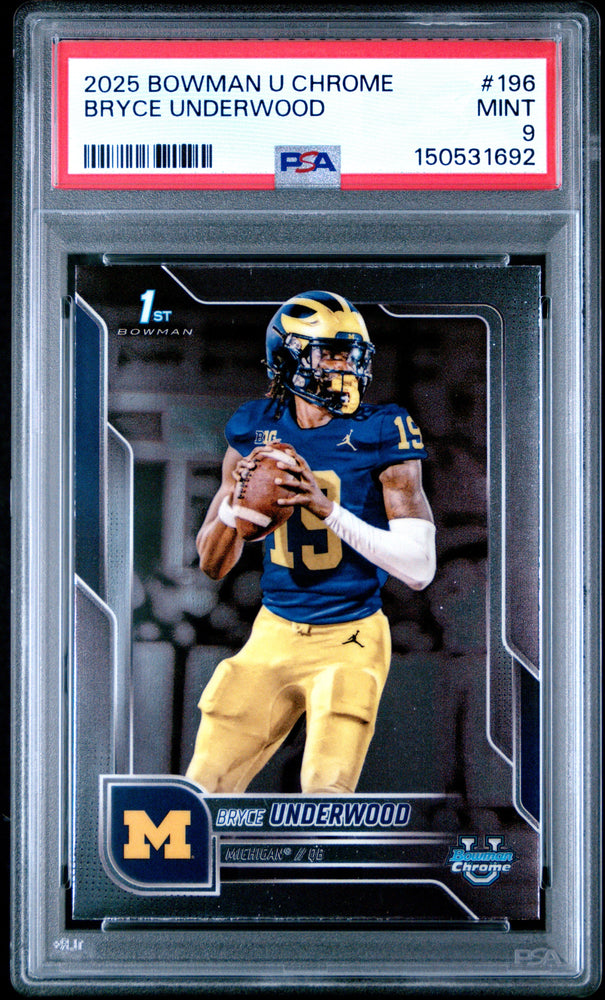 Graded 2025 Topps Bowman University Chrome Bryce Underwood #196 Rookie RC Football Card PSA 9 Mint