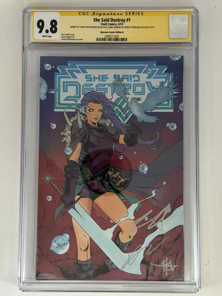 [Triple Signed by Chris Hutchinson | Liana Kangas | Creees Hyunsung Lee] She Said Destroy #1 CGC 9.8 Yellow Label Creees Exclusive Var (ONLINE ORDER ONLY)
