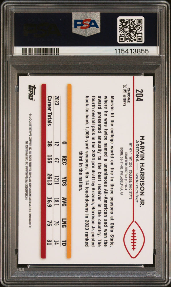 Graded 2024 Topps Chrome Marvin Harrison Jr #204 Rookie RC Football Card PSA 10 Gem Mint (ONLINE ORDER ONLY)