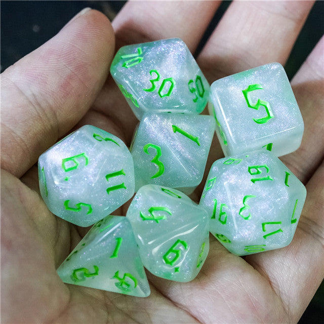 Glitter Party White Glitter Dice (Green font) 7-Dice Set RPG DND (Online Only)