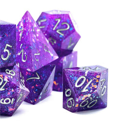 Purple Glitter Sharp Edge DND Dice Set | Gold Flake w/Silver Numbers (Online Only)