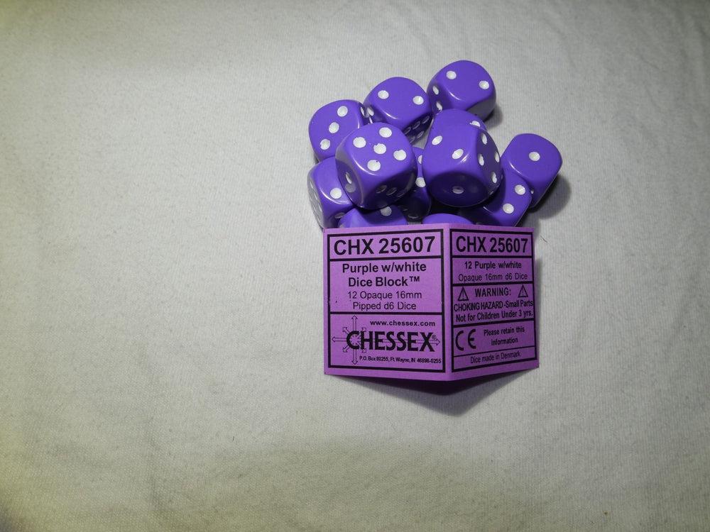 Opaque 16mm D6 RPG Chessex Dice (10 Dice) - Purple - Opaque Purple w/ White Pips (Online Only)