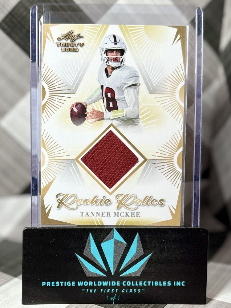 Tanner McKee 2023 Leaf Trinity Rookie Relics Jersey Patch #RR-34 PHI Eagles RC (ONLINE ORDER ONLY)