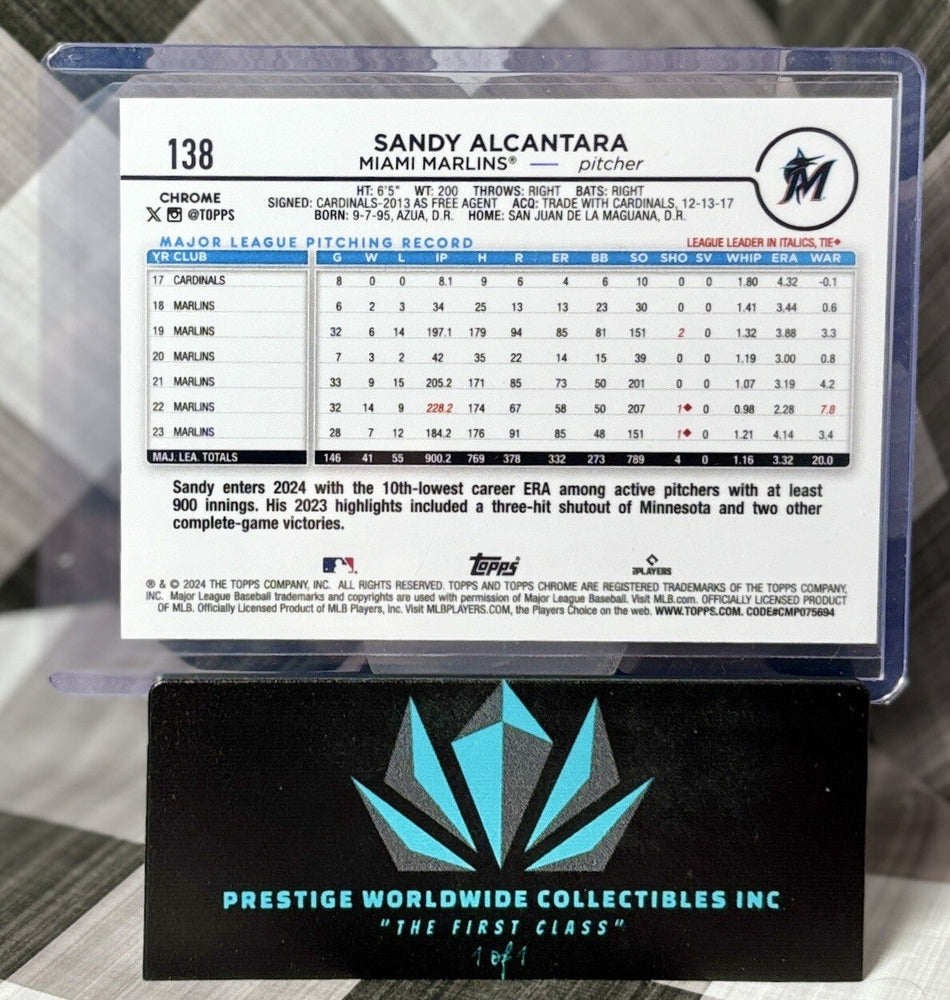 Sandy Alcantara 2024 Topps Chrome Sonar Purple Refractor /275 #138 Miami Marlins (ONLINE ORDER ONLY)