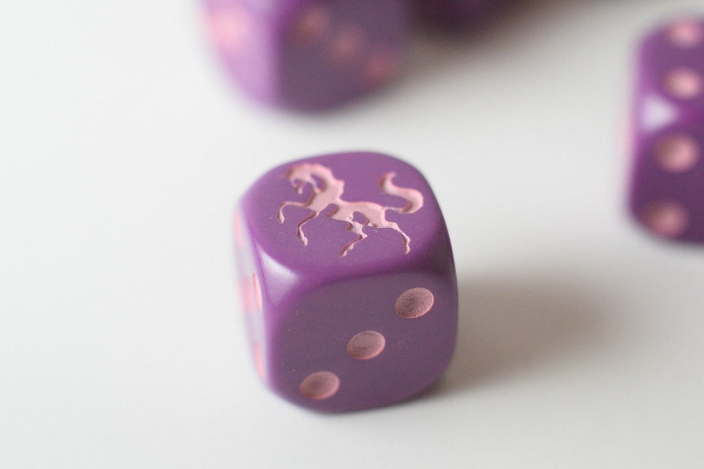 NEW Purple Dice with Pink Unicorns Dice 6 Sided Bunco RPG D6 16mm Roll (Online Only)
