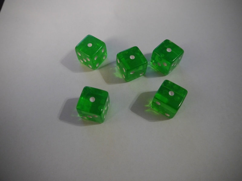 NEW Set of 5 Green Transparent Large Casino Size 19mm Dice Green Great Quality (Online Only)