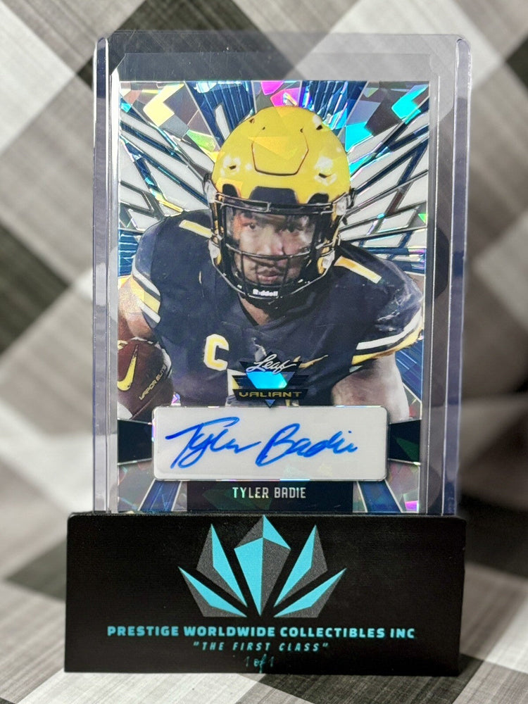 Tyler Badie 2022 Leaf Valiant Rookie Auto Crystal Platinum Blue /7 #PATB1 Denver (ONLINE ORDER ONLY)