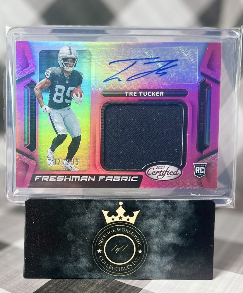 Tre Tucker 2023 Certified Freshman Fabric Pink RPA /299 #FFMS-30 Raiders RC Auto (ONLINE ORDER ONLY)