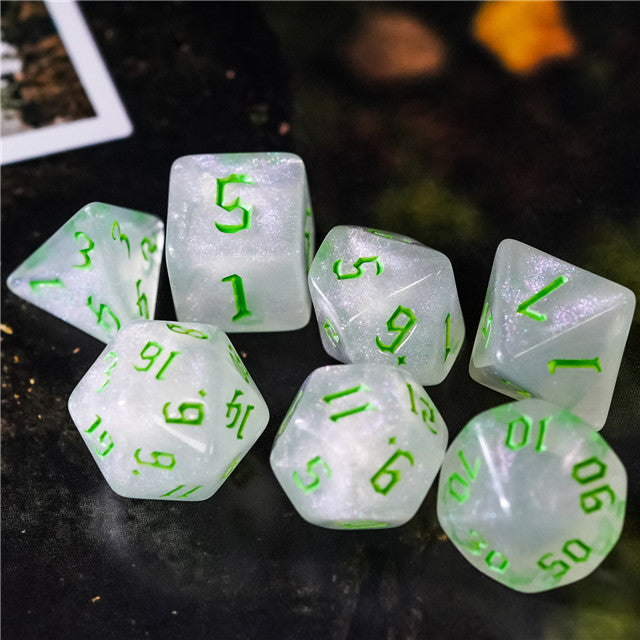 Glitter Party White Glitter Dice (Green font) 7-Dice Set RPG DND (Online Only)