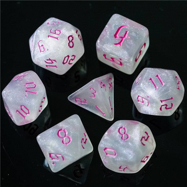 Glitter Party White Glitter Dice (Pink font) 7-Dice Set RPG DND (Online Only)