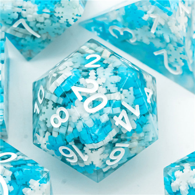 Snowflake Sharp Edge DND Dice Set | White & Blue w/White Numbers (Online Only)