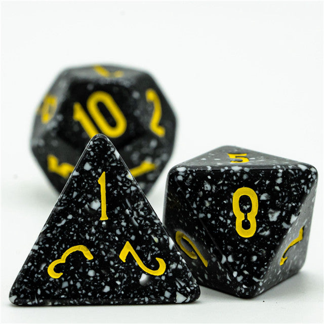 Freckled Black-&-White Homage 7-Dice Set w/Yellow Numbers Minimalist (Online Only)