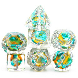Teal & Orange Colorful Glass Bead Dice 7-Dice Set Resin (Online Only)