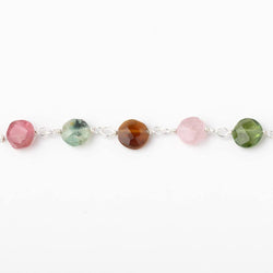 5mm Multi Color Tourmaline Faceted Coins on Sterling Silver Chain