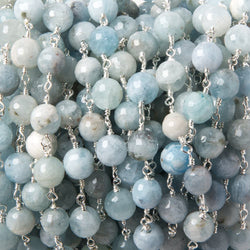 6-7mm Milky Aquamarine faceted round Silver plated Chain by the foot 25 pcs (ONLINE ORDER ONLY)