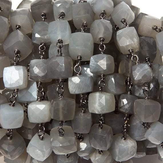6-8mm Platinum Moonstone cube Black Gold plated Silver Chain by the foot (ONLINE ORDER ONLY)