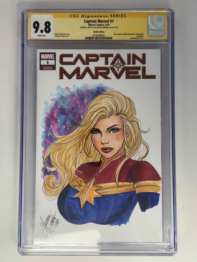 [Signed & Sketch by Lauren Wright] Captain Marvel #1 CGC 9.8 Yellow Label Exclusive Sketch Var (ONLINE ORDER ONLY)