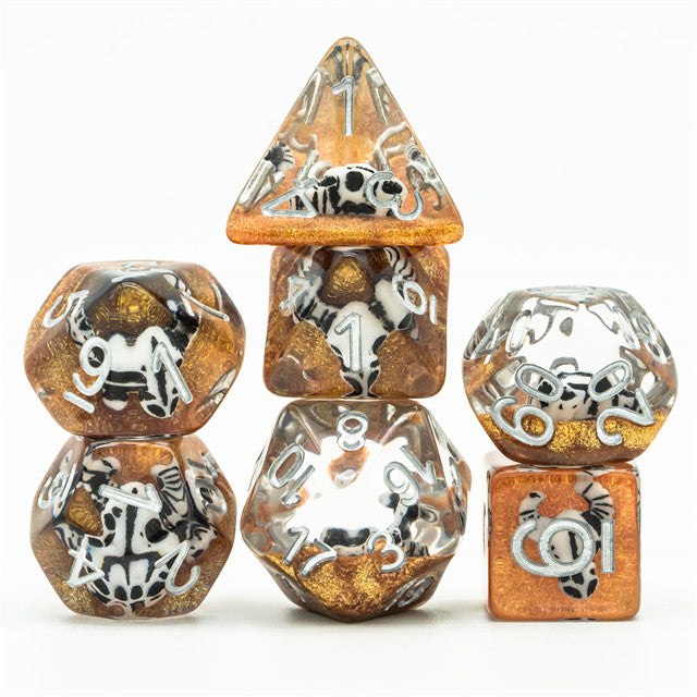 Desert Bull Head 7-Dice Set w/Silver Numbers White Skull on Gold Glitter (Online Only)