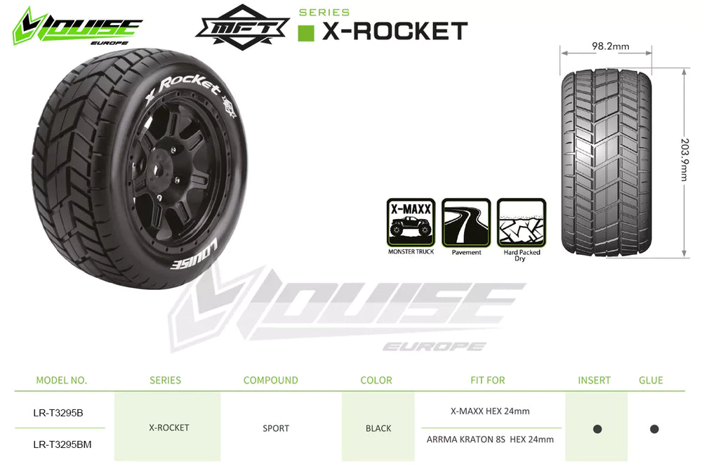 Louise R/C MFT X-Rocket Monster Truck Belted Tires 24mm Hex Pair for Traxxas X-MAXX / XRT