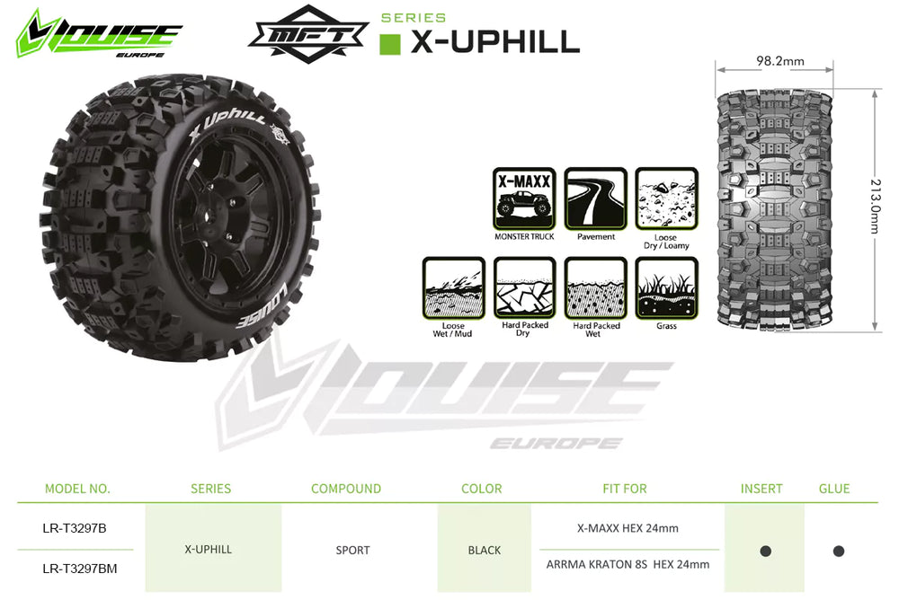 Louise R/C MFT X-Uphill Belted Monster Truck Tires Mounted 24mm Hex Pair for Arrma Kraton 8S