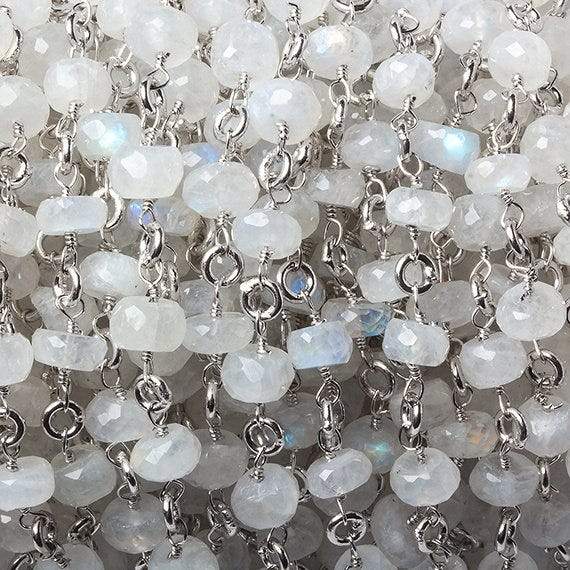 6.5-7.5mm Rainbow Moonstone rondelle Linked Silver Chain by the foot 24 beads (ONLINE ORDER ONLY)