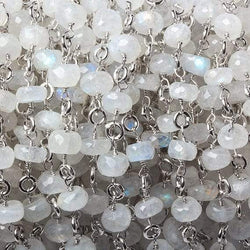6.5-7.5mm Rainbow Moonstone rondelle Linked Silver Chain by the foot 24 beads (ONLINE ORDER ONLY)