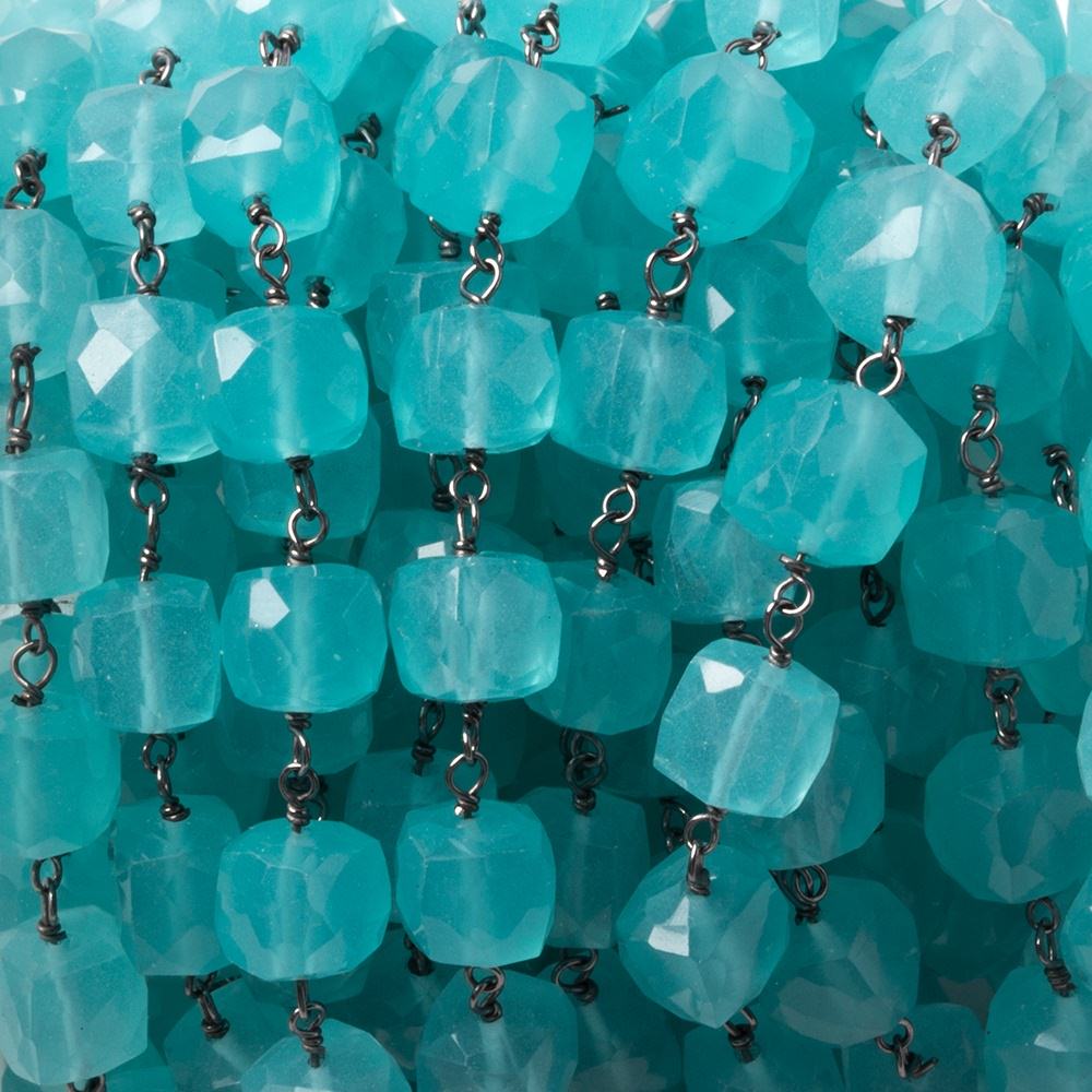 6.5-7mm Apatite-blue Chalcedony faceted cube Oxidized Silver Chain by the foot (ONLINE ORDER ONLY)