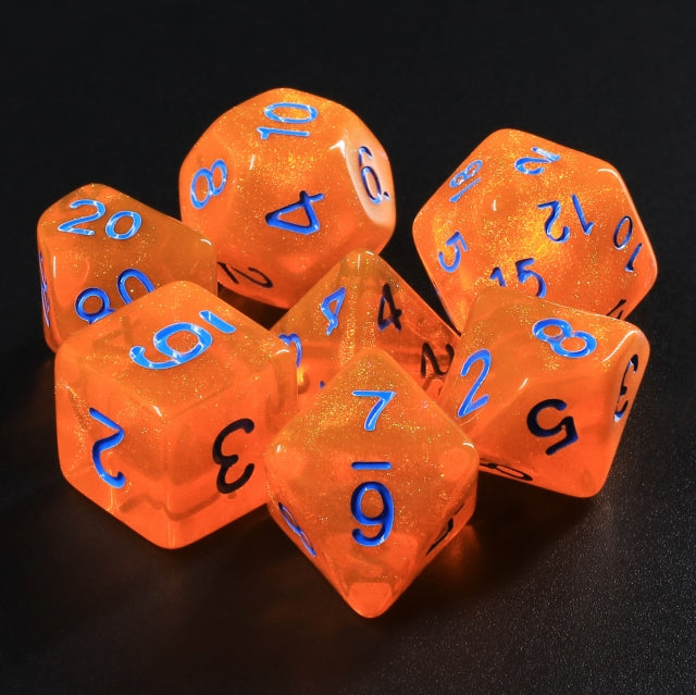 Pumpkin's Orange Glitter with Blue Numbering 7-Dice Set RPG (Online Only)