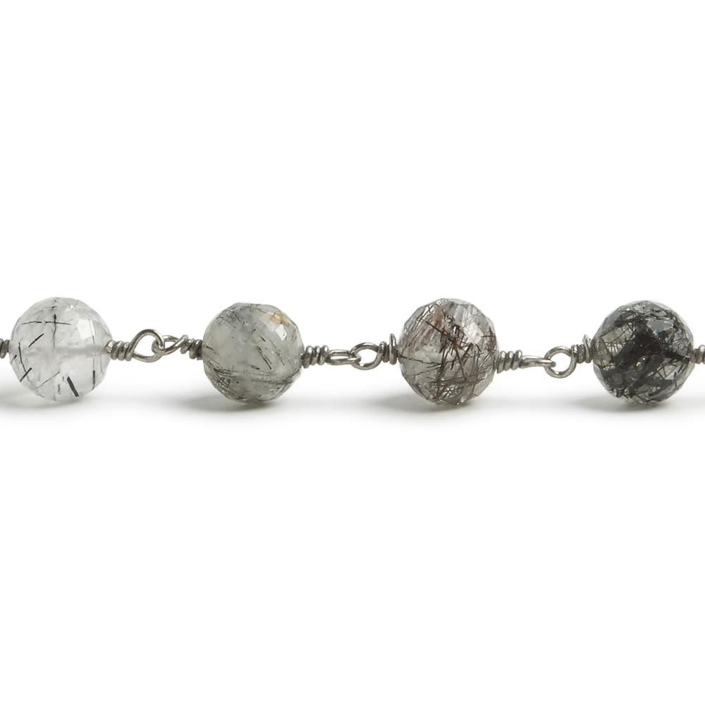 6.5mm Black Tourmalinated Quartz faceted round Black Gold .925 Silver Chain by the foot 24 pieces (ONLINE ORDER ONLY)