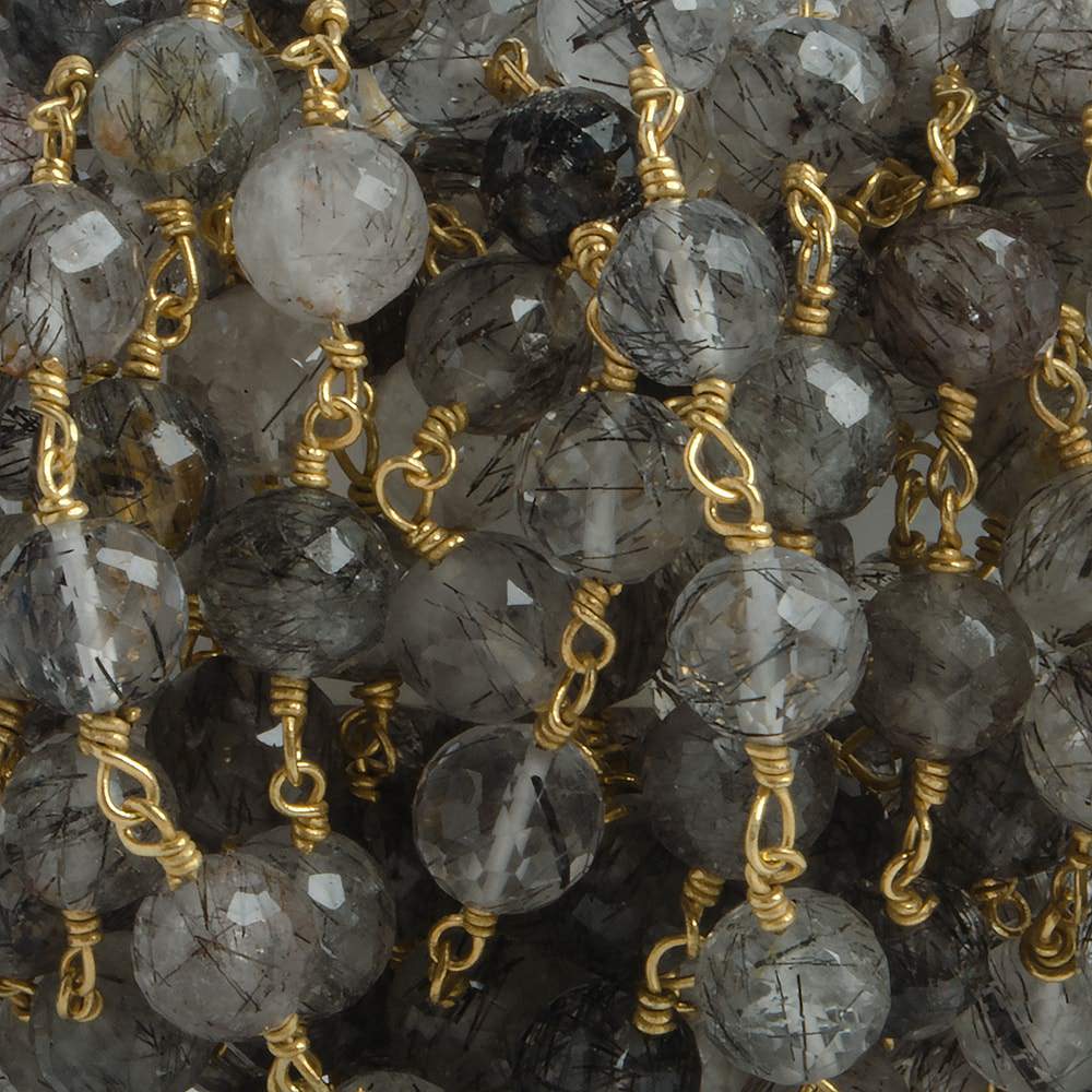 6.5mm Black Tourmalinated Quartz faceted round Vermeil Chain by the foot 24 pieces (ONLINE ORDER ONLY)