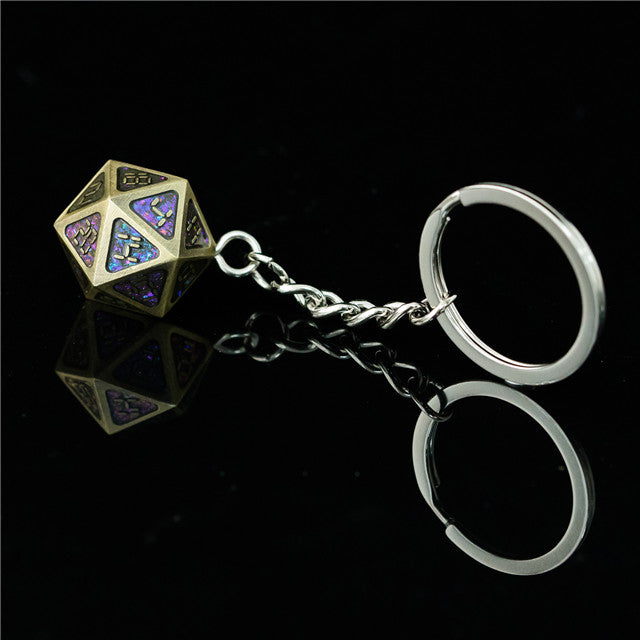 Metal D20 w/ Purple Glitter Keychain Analogue Font d20 (Online Only)