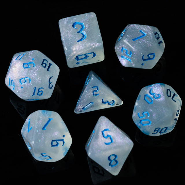 Glitter Party White Glitter Dice (Blue font) 7-Dice Set RPG DND (Online Only)
