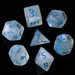 Glitter Party White Glitter Dice (Blue font) 7-Dice Set RPG DND (Online Only)