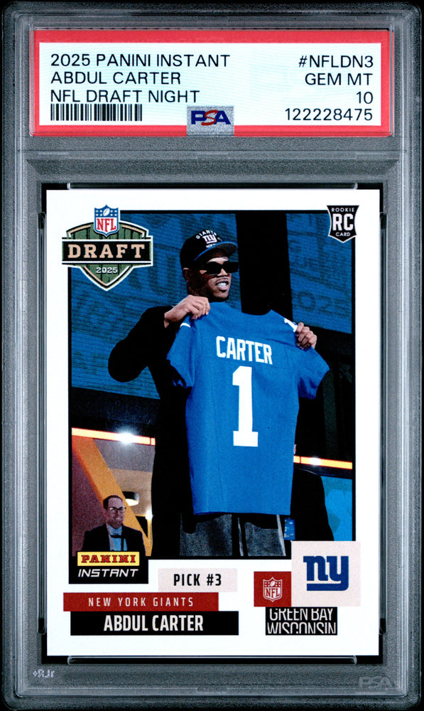 Graded 2025 Panini Instant Abdul Carter #NFLDN3 NFL Draft Night Rookie RC Football Card PSA 10 Gem Mint (ONLINE ORDER ONLY)