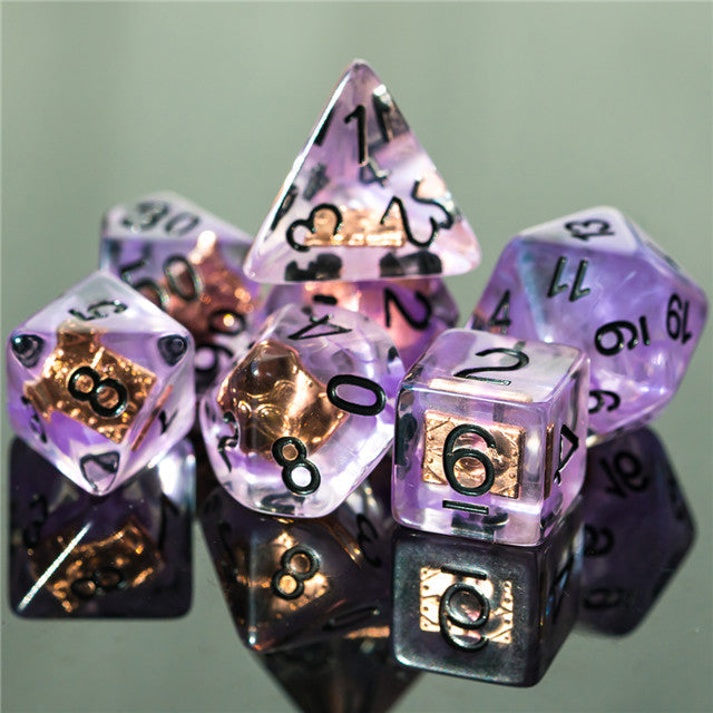 Warlock (Magic Book) Clear Purple Dice w/ Golden Book 7-Dice Set Rpg (Online Only)
