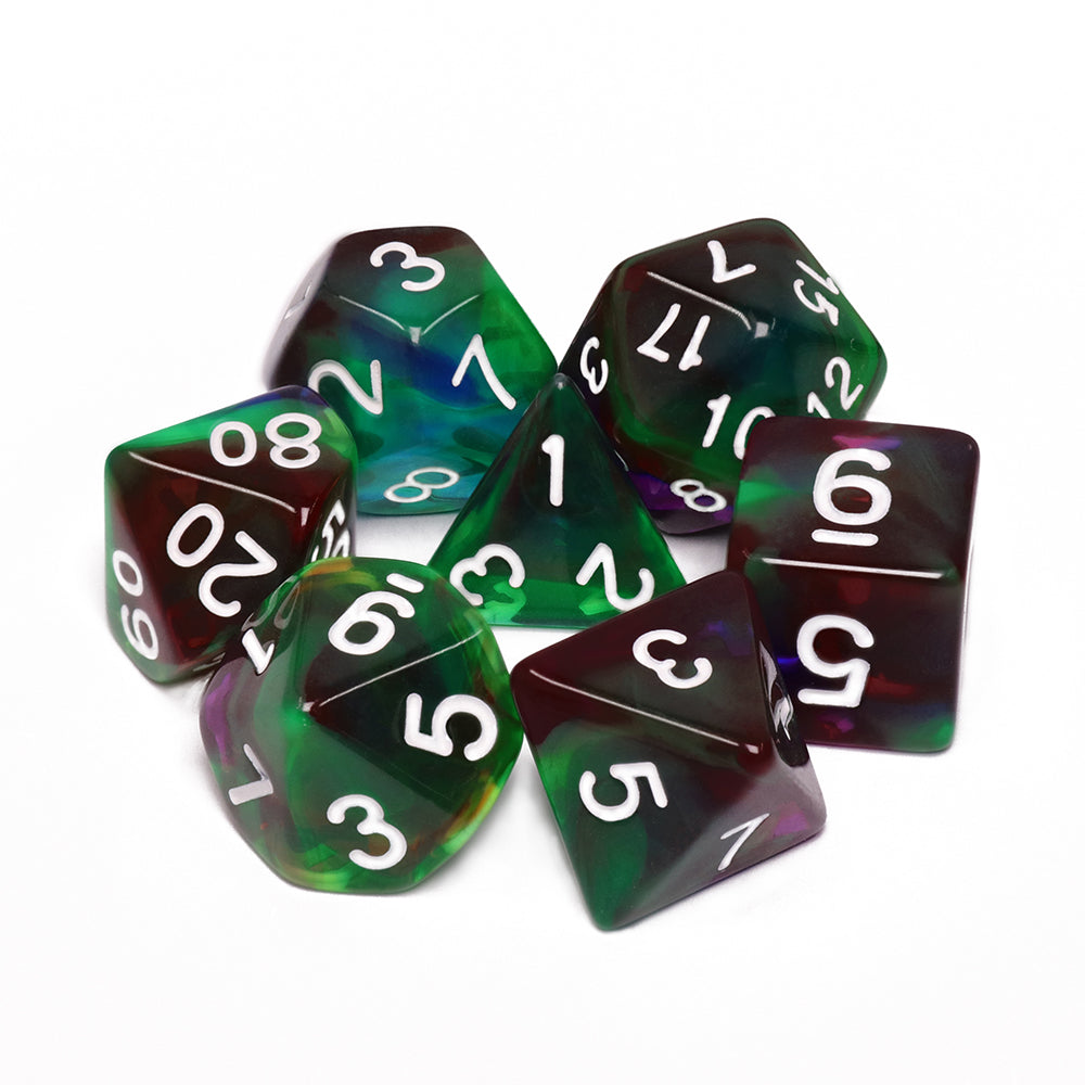 Bottom of the Sea 7-Dice Set Green/Mix w/White Numbers Stained Glass Dnd Dice Set (Online Only)