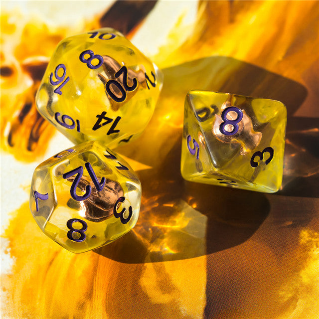 Sorcerer (Fire) Clear Yellow Dice Purple w/ Golden Fire 7-Dice Set Rpg (Online Only)
