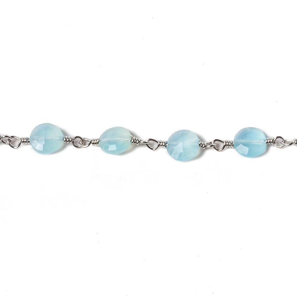 6mm Blue Chalcedony faceted coin Silver Chain by the foot 25 pieces (ONLINE ORDER ONLY)